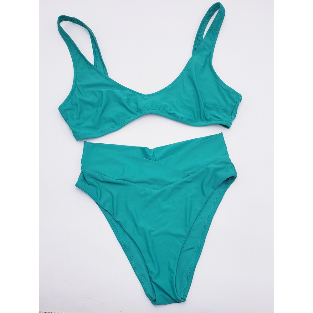 Aerie Bikini Set Teal High Waisted Crossover Bottom V-Neck Top Medium